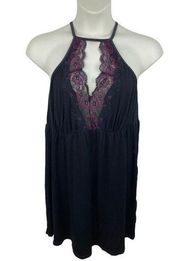 New Cacique Babydoll Nightie Womens Plus 22/24 Black Purple Lace Strappy Sexy