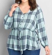 4/$25 Lane Bryant Illusions Lightweight Plaid Flannel Cinched Waist Top 24