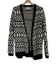 Lou & Grey Cozy Knit Black White Aztec Print Open Cardigan Wool Blend Sweater M