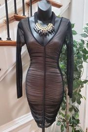 Love Nation Womens Black Polyester V Neck Long Sleeve Ruched Bodycon Dress Small