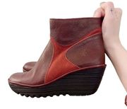 Fly London Leather Suede Wedge Ankle Boots Yavo Burgundy Red Chunky Sole