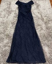 La Femme Navy Lace Off Shoulder Gown Size 2