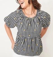 Old Navy black & white plaid peplum top with sunflower embroidery M NWOT