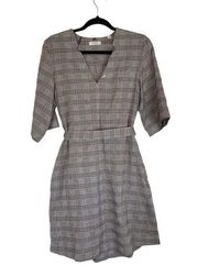 BILLY REID Gray Plaid Dress Cotton Size Small V Neck with Sash Academia