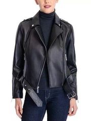 Women’s Belted Leather Moto Jacket in Black Large