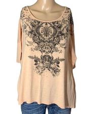 Womens T Shirt Top Studded Floral Print Pullover Creamy Orange XL