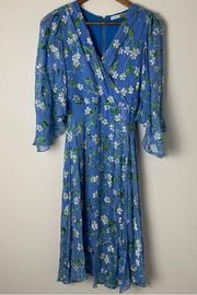 Alice + Olivia Blue Floral Printed Textured Flowy Sleeve Wrap Midi Dress