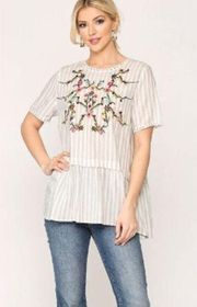 BluHeaven by UMGEE BOUTIQUE Blue striped floral embroidery rayon loose tunic top