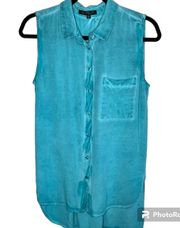 Acid Wash Turquoise Blue Button Front Sleeveless Shirt Size Small