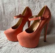 Glaze Orange Faux Suede Stiletto High Heels Closed Toe Strap Shoes Size 6