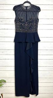 Xscape Navy Blue Beaded Gown Ruffle Slit Formal Dress Size 10