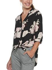 Candie’s Button Down Tie Front Top Black Floral