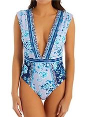 Nanette Lepore NEW Blue/Lavender Floral Plunge Neck One-Piece Swimsuit Womens 10