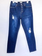 BP Women's Cotton Blend Button Front Distressed Jeans in Dark Blue size 30