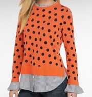 Crown & Ivy Orange & Navy Polka Dot Striped Hem Two Fer Sweater Size Small