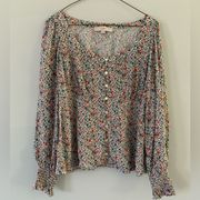 Loft  Floral Funky Multi Color Blouse Long Sleeve Top Bell Bottom Sleeves Size S