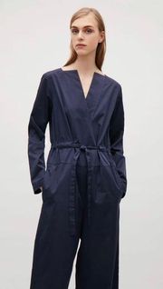 COS Navy Blue V-Neck Long Sleeve Belted V Neck Wide Leg Jumpsuit, Size 6