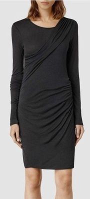 all saints tundra long sleeve draped mini black lbd dress