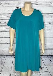 Susan Graver Size 2X Teal Scoop Neck Elbow Length Sleeve Liquid Knit Swing Dress