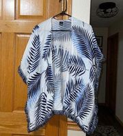 kimono  one size Palm Leaves Blue White Fringe