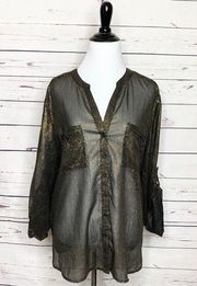 Sheer Black & Gold Metallic Button Up Petite Large