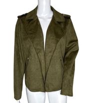 T Tahari Jacket Womens Large Olive Green Open Front Faux Suede Moto Style Edgy