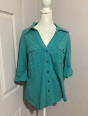 Lafayette 148 Blue 3/4 Sleeve Button Up Cotton Top