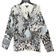 Cyrus Womens Jewel Leopard Print Sweater Sz XL Black Gray Pale Blue Long Sleeve