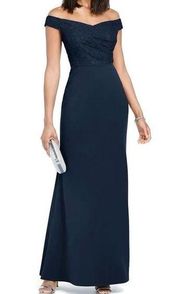 NWT Adrianna Papell Navy Lace Crepe Formal Evening Gown Off Shoulder Dress Sz 2