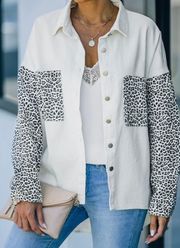 Oversized White & Gray Leopard Print Baggy Fit Button Down Denim Shacket XL