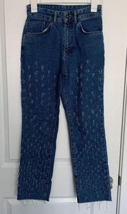 Women’s 26  Dark Blue Denim Front Distressed Small Hole Jeans