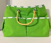 Clinique Bright Green Shopper Tote Bag with Bamboo Handle Outside Pockets