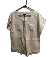 Linen short sleeve tan Large L VNC top shirt Ellen Tracy half zip front