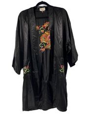 Golden Bee Black Dragon Embroidered 100% Pure Silk Kimono Robe