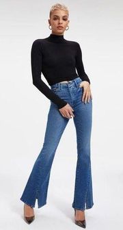 Good American Good Legs Flare Denim Jeans Twisted Front Slit Indigo029 8/29