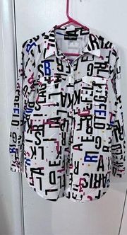 KARL LAGERFELD COLORFUL LOGO BUTTON DOWN BLOUSE WOMENS SIZE S