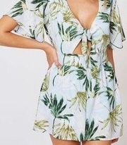 Boutique Pastel Blue Palm Leaf Floral Cutout Tie Front Romper Large