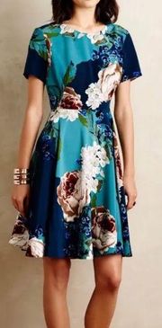 Anthropologie  Corey Lynn Calter floral pleated teal fit n flare dress size 6