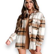 Women’s Plaid Button Up Shacket Shirt Size Small Camel, White, Grey & Black NWOT