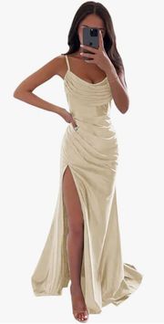 Satin Prom Dresses Long with Slit Cowl Neck Pleated A-Line Formal Gown Bridesmaid Dresses for Women