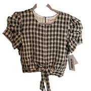 DRESS THE POPULATION Crop Top Size M Short Sleeve Black Cream Plaid Fall Gingham