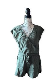 Womens  Green Size M Junior Surplice lace Crochet Drawstring Romper v neck