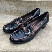 Brighton Actor Heeled Leopard Cheetah Print Black Patent Leather Loafers