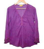 Roller Rabbit Printed Macrame Trim V Neck Long Sleeve Blouse Top Purple Small