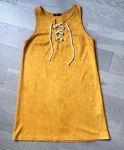 Soprano Lace-Up Suede Mustard Shift Dress Small