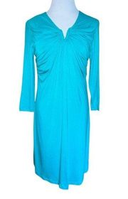 DAISY FUENTES CHIC DRESS SEASCAPE BLUE RUCHED NECKLINE SHIEATH DRESS SMALL NEW