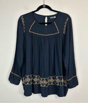 Earthbound Trading | Navy Embroidered Long Sleeve Peasant Blouse Size Medium