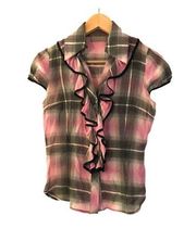 Antiva Women`s Shirt S Short Sleeve V-Neck Plaid Pink Black Grey Button-Up