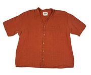 Size L Orange Linen Lagenlook Collared Short Sleeve Button Up Shirt Boxy