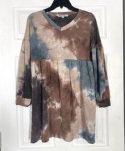 Velvet Heart Dress Tie Dye Long Sleeve Ruffle Mini Blue Brown Cream Soft Large